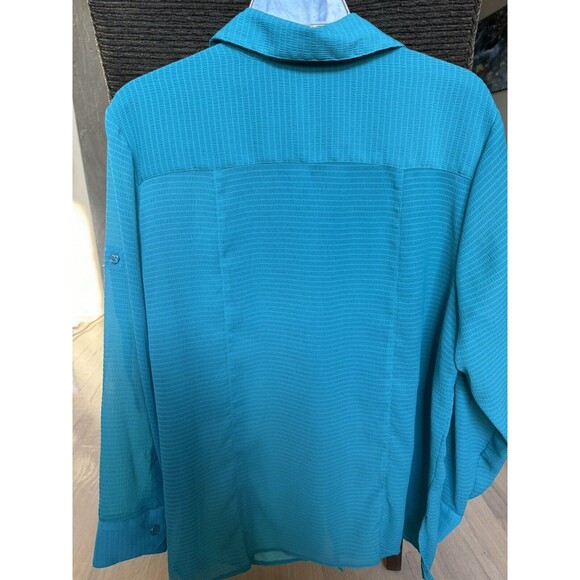 Evan Picone Blouse Women’s Plus Size 1X Button Turquoise Sheer Roll-tab Sleeves - Picture 3 of 5